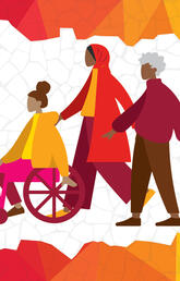 Illustration of a diverse group of women surrounded by rainbow boarder