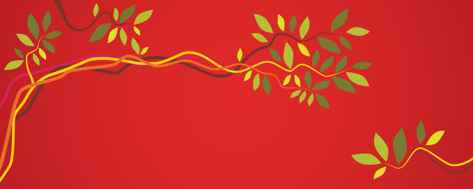 Red background with colourful tree branches and green leaves 