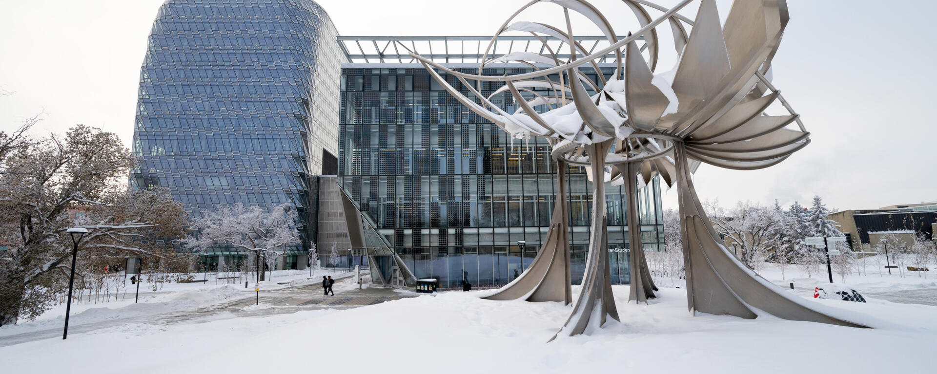 snowy view of Hunter Student Commons and the Prairie Chicke