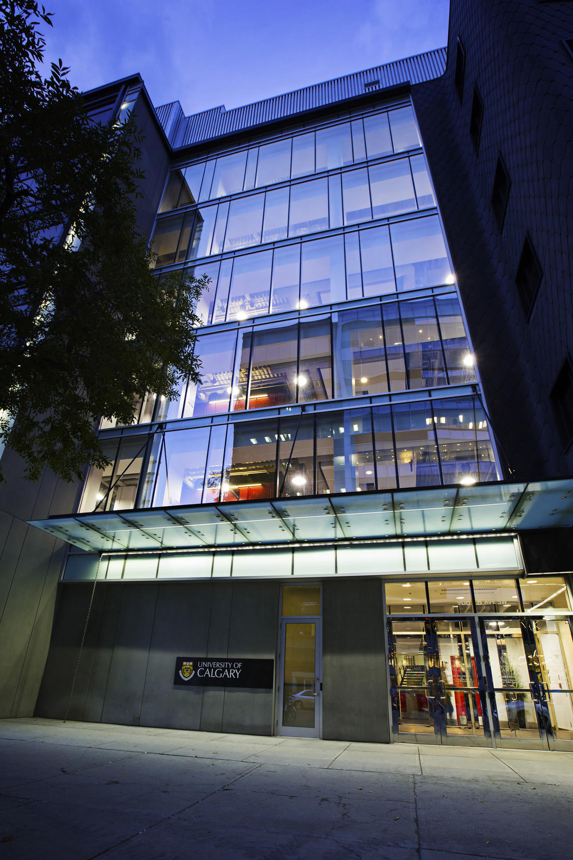 Corporate and Foundations Relations exterior of UCalgary's downtown campus at night