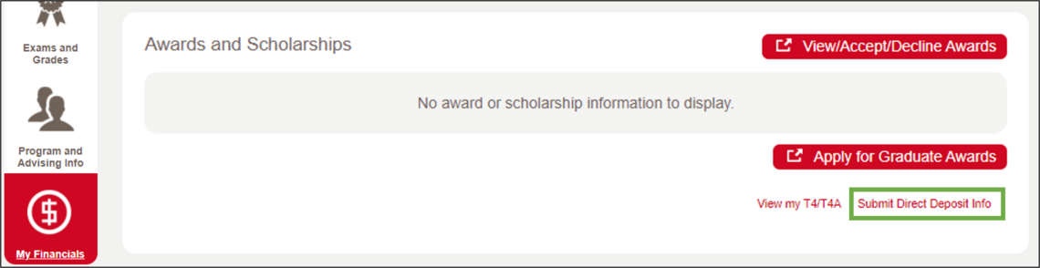 Image of Awards and Scholarships section of My Financials tab in my.ucalgary.ca student centre.