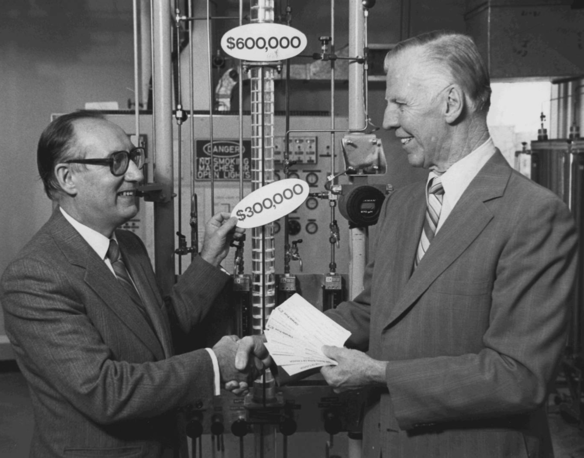 The $600,000 corporate objective to establish a chair in Petroleum Engineering at the University of Calgary reaches the half-way mark with cheques presented to Dean of Engineering, Dr. Tom Barton by S.K. McWalter, President, Gulf Canada Resources Inc., and chairman of the fund-raising committee. The province of Alberta's advanced education fund will provide another $600,000 in grants to match income generated by private donations. The $600,000 corporate objective to establish a chair in Petroleum Engineering at the University of Calgary reaches the half-way mark with cheques presented to Dean of Engineering, Dr. Tom Barton by S.K. McWalter, President, Gulf Canada Resources Inc., and chairman of the fund-raising committee. The province of Alberta's advanced education fund will provide another $600,000 in grants to match income generated by private donations.