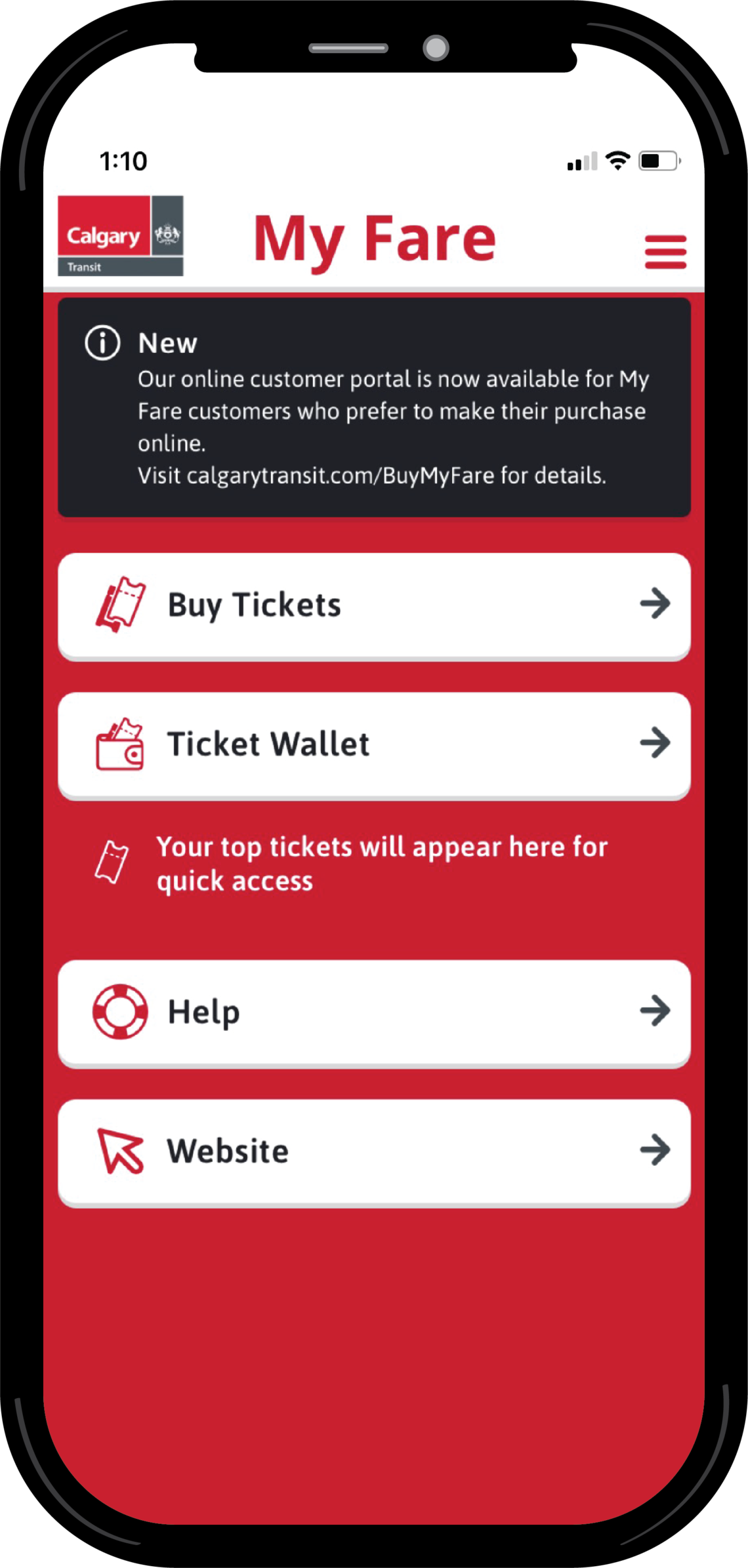 My Fare app My Fare App Menu: Buy Tickets, Ticket Wallet, Help, Website